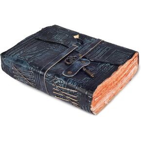 LEATHER VILLAGE Leather Bound Vintage Journal for Women & Men - 7"X5"(A7), Distressed Black, 200 Pages of Antique Deckle Edges Watercolor Paper-Book of Shadows|SpellBook|Sketchbook - Handmade in Kuwait