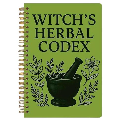 Witch's Herbal Codex, Green Spiral Notebook with Mortar and Pestle Design, 20.8 x 8.1 inch, Botanical Theme Journal in Saudi Arabia