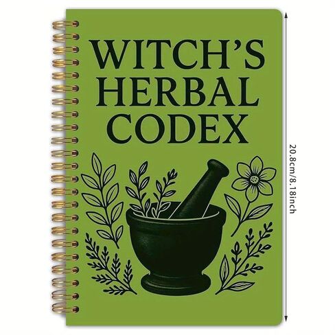 Witch's Herbal Codex, Green Spiral Notebook with Mortar and Pestle Design, 20.8 x 8.1 inch, Botanical Theme Journal in Saudi Arabia