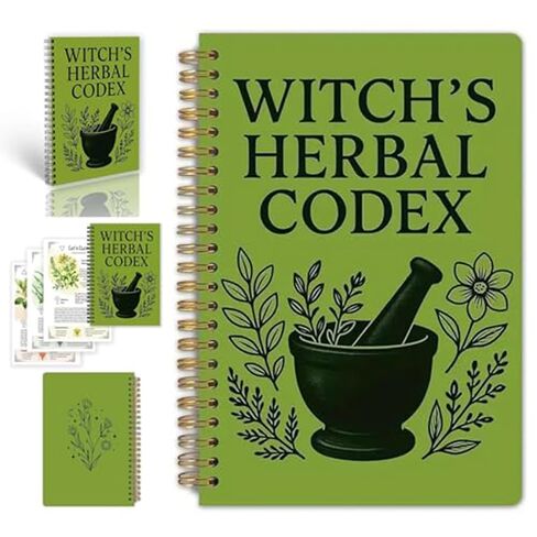 Witch's Herbal Codex, Green Spiral Notebook with Mortar and Pestle Design, 20.8 x 8.1 inch, Botanical Theme Journal in Saudi Arabia