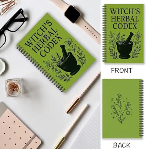Witch's Herbal Codex, Green Spiral Notebook with Mortar and Pestle Design, 20.8 x 8.1 inch, Botanical Theme Journal in Saudi Arabia