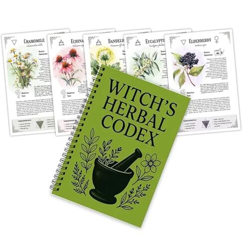 Witch's Herbal Codex, Green Spiral Notebook with Mortar and Pestle Design, 20.8 x 8.1 inch, Botanical Theme Journal in Saudi Arabia