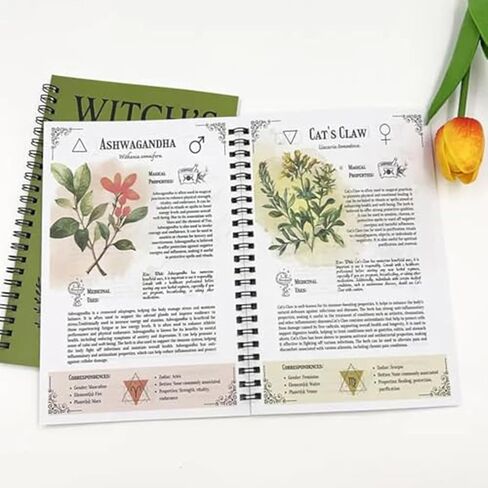 Witch's Herbal Codex, Green Spiral Notebook with Mortar and Pestle Design, 20.8 x 8.1 inch, Botanical Theme Journal in Saudi Arabia
