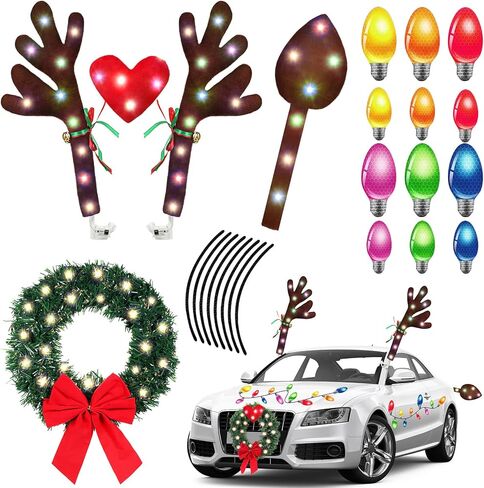 Cunno 3 Pack Christmas Reindeer Antlers Car Kit with LED Lights Christmas Car Decorations Light up Xmas Wreath Reflective Refrigerator Magnets Decals Auto Exterior Accessories in Saudi Arabia