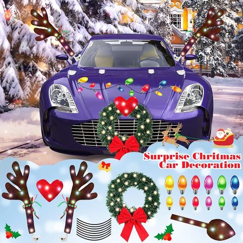 Cunno 3 Pack Christmas Reindeer Antlers Car Kit with LED Lights Christmas Car Decorations Light up Xmas Wreath Reflective Refrigerator Magnets Decals Auto Exterior Accessories in Saudi Arabia