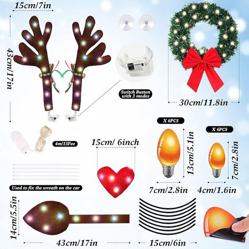 Cunno 3 Pack Christmas Reindeer Antlers Car Kit with LED Lights Christmas Car Decorations Light up Xmas Wreath Reflective Refrigerator Magnets Decals Auto Exterior Accessories in Saudi Arabia