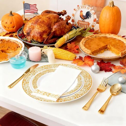 210 Count Gold Plastic Dinnerware, Gold Disposable Plates, Includes: 30 Dinner Plates 30 Dessert Plates & 30 Cups & 30 Gold Paper Napkins & 30 Plastic Silverware Set in Saudi Arabia