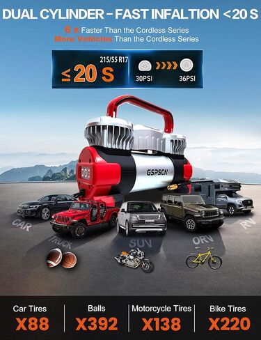 GSPSCN 6X Faster Inflation Digital Dual Cylinder Portable Air Compressor,12V Metal Tire Inflator w/Adapter & Pencil Pressure Gauge 150PSI LED Light丨Heavy Duty Air Pump for Car,Truck,SUV,ORV,RV,Balls in Saudi Arabia