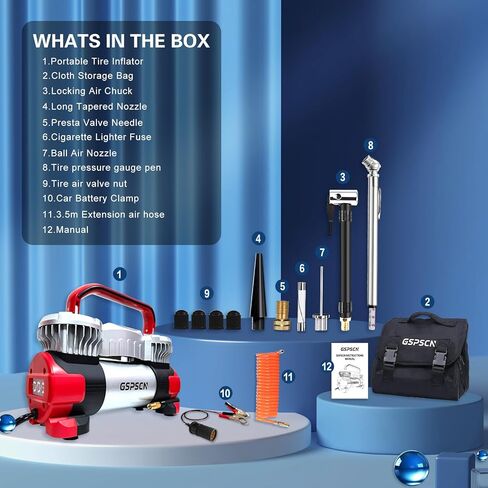 GSPSCN 6X Faster Inflation Digital Dual Cylinder Portable Air Compressor,12V Metal Tire Inflator w/Adapter & Pencil Pressure Gauge 150PSI LED Light丨Heavy Duty Air Pump for Car,Truck,SUV,ORV,RV,Balls in Saudi Arabia