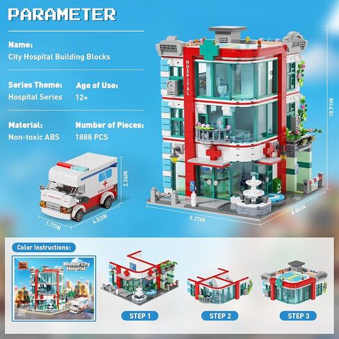 City Hospital Building Block Set, Architecture Building Set for Adults with Ambulance, Miniature Hospital World, Detailed Craftsmanship & Immersive Roleplay for Collectors & Gifts, 1888Pcs in Saudi Arabia