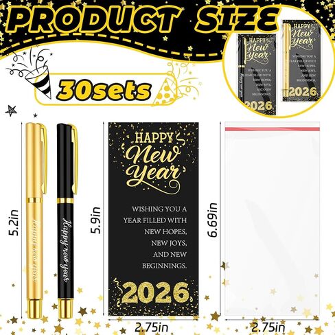 30 Sets Happy New Year Gifts Bulk 2026 Inspirational Ballpoint Pens with Blessing Cards Black and Gold Metal Pen Gifts for New Year Coworkers Friends Family Party Favor in Saudi Arabia