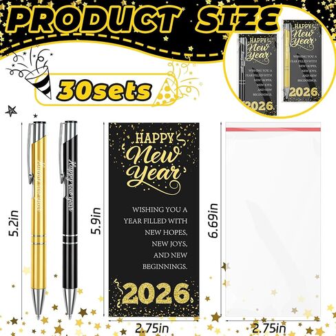 30 Sets Happy New Year Gifts Bulk 2026 Inspirational Ballpoint Pens with Blessing Cards Black and Gold Metal Pen Gifts for New Year Coworkers Friends Family Party Favor in Saudi Arabia