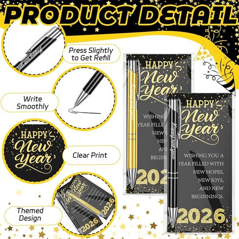 30 Sets Happy New Year Gifts Bulk 2026 Inspirational Ballpoint Pens with Blessing Cards Black and Gold Metal Pen Gifts for New Year Coworkers Friends Family Party Favor in Saudi Arabia