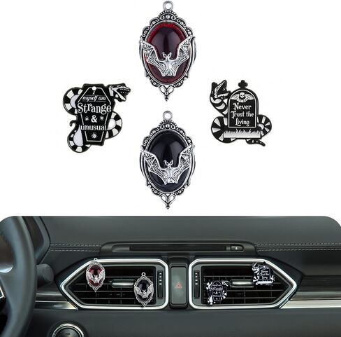 Gothic Car Accessories – 4 Pcs Bat & Snake Air Vent Fresheners, Vampire Bat Clips with Red & Black Gems, Gothic Quote Charms, Retro Frame Spooky Car Decor for Halloween & Dark Aesthetic Lovers in Saudi Arabia