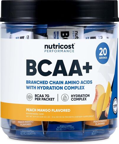 Nutricost BCAA + نكهة المانجو والخوخ المرطبة (20 عبوة) - أحماض أمينية متفرعة السلسلة مع مركب ترطيب - خالية من الغلوتين وغير معدلة وراثيًا in Saudi Arabia