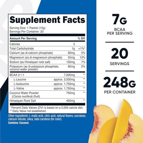 Nutricost BCAA + نكهة المانجو والخوخ المرطبة (20 عبوة) - أحماض أمينية متفرعة السلسلة مع مركب ترطيب - خالية من الغلوتين وغير معدلة وراثيًا in Saudi Arabia
