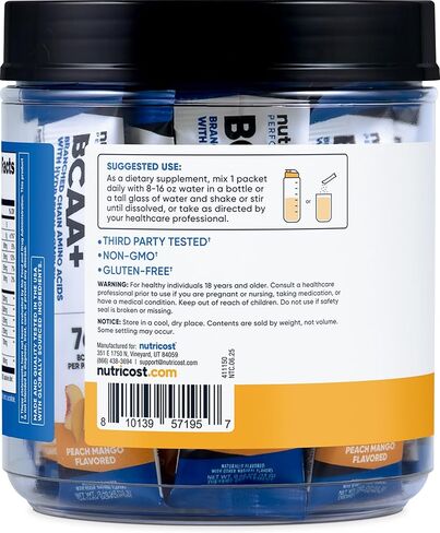 Nutricost BCAA + نكهة المانجو والخوخ المرطبة (20 عبوة) - أحماض أمينية متفرعة السلسلة مع مركب ترطيب - خالية من الغلوتين وغير معدلة وراثيًا in Saudi Arabia