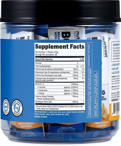 Nutricost BCAA + نكهة المانجو والخوخ المرطبة (20 عبوة) - أحماض أمينية متفرعة السلسلة مع مركب ترطيب - خالية من الغلوتين وغير معدلة وراثيًا in Saudi Arabia