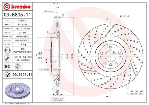 Brembo 09.B805.11 UV Coated Pillar Vented drilled + Slotted Front Brake Rotor MERCEDES-BENZ OE# A1664210512 in Saudi Arabia