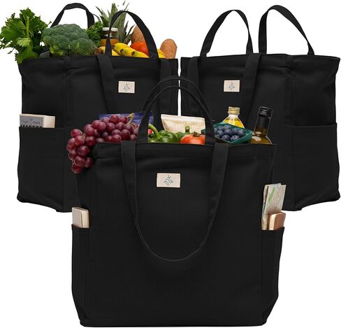 أكياس بقالة شديدة التحمل قابلة لإعادة الاستخدام من Nook Theory - أكياس بقالة من القماش مصنوعة من القطن بنسبة 100% بوزن 12 أونصة مع مقابض، وأكياس بقالة كبيرة للمطبخ، وأكياس تسوق قابلة لإعادة الاستخدام للبقالة، وحقيبة حمل قابلة للطي (كاكي) in Kuwait