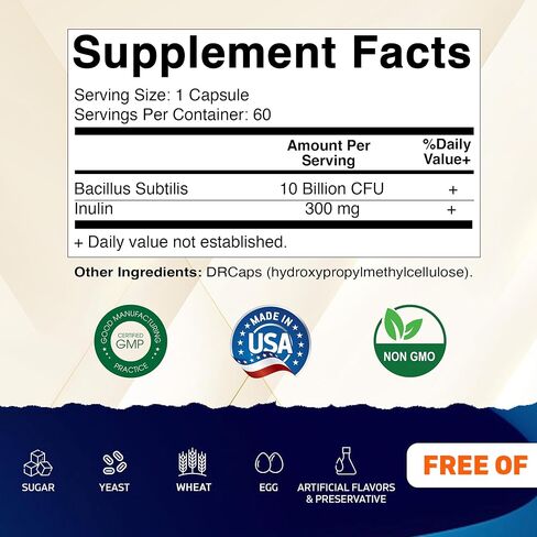Vitamatic Bacillus Subtilis 10 Billion per DR Capsule - 60 Count - Digestive, Gut & Immune Health Support - Made with Prebiotic Inulin Fiber in Saudi Arabia