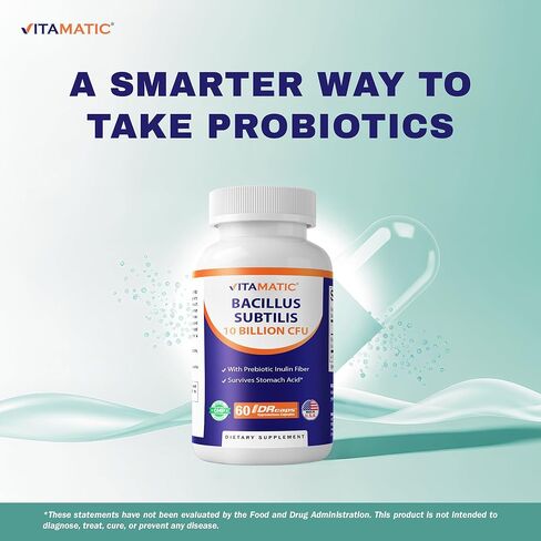 Vitamatic Bacillus Subtilis 10 Billion per DR Capsule - 60 Count - Digestive, Gut & Immune Health Support - Made with Prebiotic Inulin Fiber in Saudi Arabia