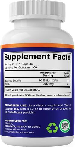 Vitamatic Bacillus Subtilis 10 Billion per DR Capsule - 60 Count - Digestive, Gut & Immune Health Support - Made with Prebiotic Inulin Fiber in Saudi Arabia
