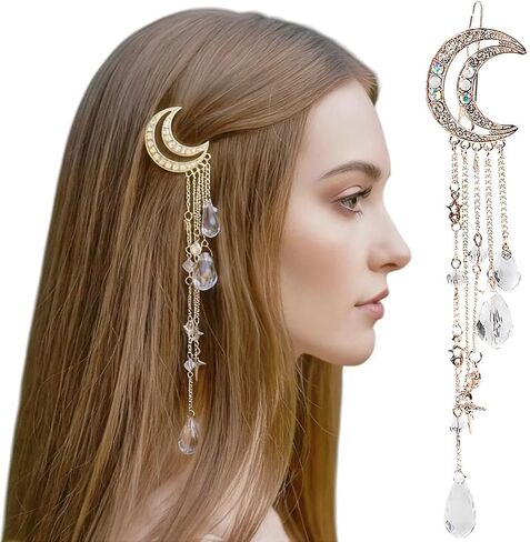 Moon Rhinestone Tassel with Crystal Beads Charms Hair Clip Pin Hair Chain Jewelry Hair Accessories (Gold) in Kuwait