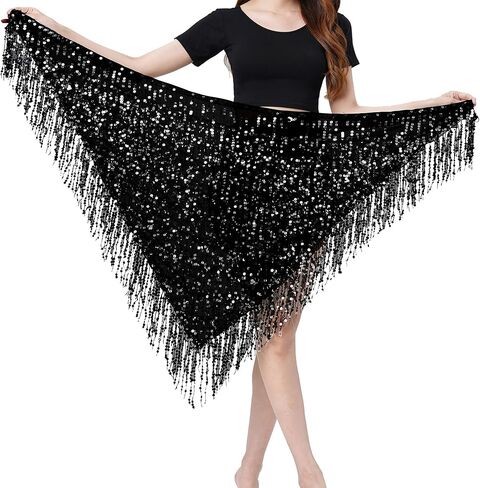 MUNAFIE Hip Scarf for Belly Dance Folk Dance Halloween Costume Tribal Dance Skirt with Sequin Tassel in Kuwait
