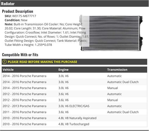 Radiator - Compatible with 2010-2016 Porsche Panamera in Saudi Arabia