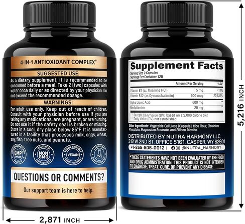 Alpha Lipoic Acid 600mg - ALA Supplement 4-in-1 with Benfotiamine, Vitamin B1 & B12 - Antioxidant, Metabolism & Nerve Support - Laboratory Tested, NON-GMO & Vegan - 120 Capsules, 2 Month Supply in Saudi Arabia
