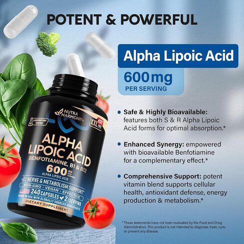 Alpha Lipoic Acid 600mg - ALA Supplement 4-in-1 with Benfotiamine, Vitamin B1 & B12 - Antioxidant, Metabolism & Nerve Support - Laboratory Tested, NON-GMO & Vegan - 120 Capsules, 2 Month Supply in Saudi Arabia