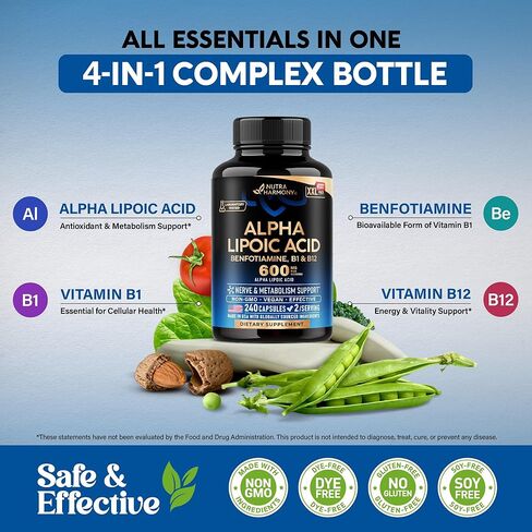 Alpha Lipoic Acid 600mg - ALA Supplement 4-in-1 with Benfotiamine, Vitamin B1 & B12 - Antioxidant, Metabolism & Nerve Support - Laboratory Tested, NON-GMO & Vegan - 120 Capsules, 2 Month Supply in Saudi Arabia