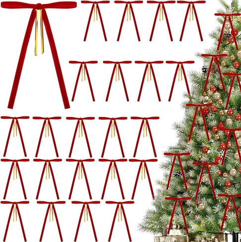 24Pcs Pre-Tied Christmas Tree Bows, 5x7 Inch Red Velvet Bows with 3/8" Ribbon for Xmas Tree Ornaments, Wreath, Garland, Gift Wrapping and Festive Indoor Holiday Decor in Saudi Arabia