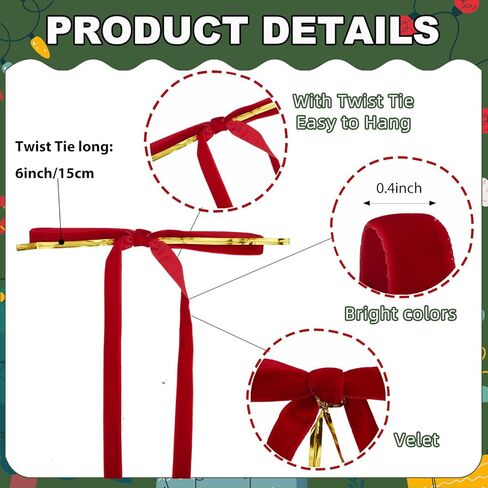 24Pcs Pre-Tied Christmas Tree Bows, 5x7 Inch Red Velvet Bows with 3/8" Ribbon for Xmas Tree Ornaments, Wreath, Garland, Gift Wrapping and Festive Indoor Holiday Decor in Saudi Arabia