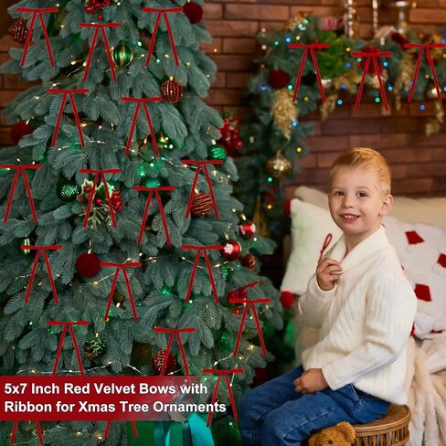 24Pcs Pre-Tied Christmas Tree Bows, 5x7 Inch Red Velvet Bows with 3/8" Ribbon for Xmas Tree Ornaments, Wreath, Garland, Gift Wrapping and Festive Indoor Holiday Decor in Saudi Arabia