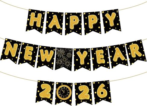 لافتة TaoBary Happy New Year 2026 ديكورات حفلات عشية لوازم الحفلات اللامعة بأحرف ذهبية لامعة وساعة الألعاب النارية لديكور ليلة رأس السنة (نقاط البولكا) in Saudi Arabia