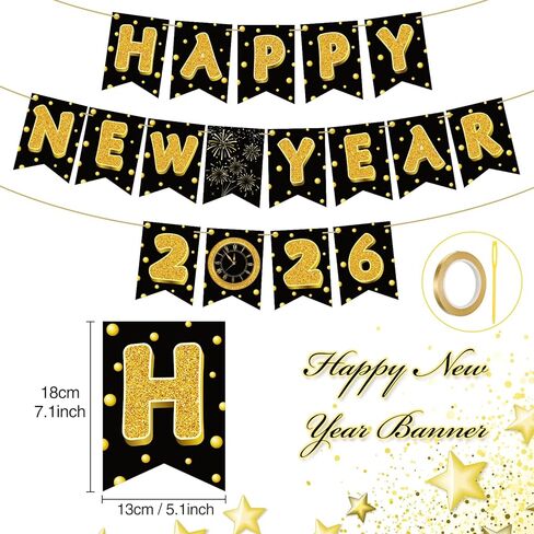 لافتة TaoBary Happy New Year 2026 ديكورات حفلات عشية لوازم الحفلات اللامعة بأحرف ذهبية لامعة وساعة الألعاب النارية لديكور ليلة رأس السنة (نقاط البولكا) in Saudi Arabia