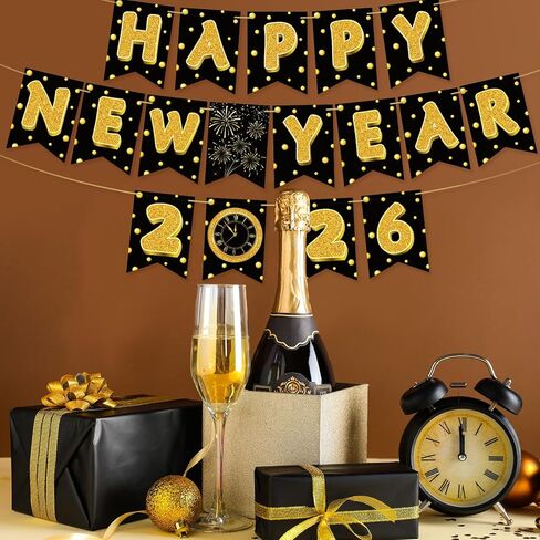 لافتة TaoBary Happy New Year 2026 ديكورات حفلات عشية لوازم الحفلات اللامعة بأحرف ذهبية لامعة وساعة الألعاب النارية لديكور ليلة رأس السنة (نقاط البولكا) in Saudi Arabia