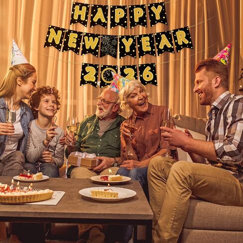 لافتة TaoBary Happy New Year 2026 ديكورات حفلات عشية لوازم الحفلات اللامعة بأحرف ذهبية لامعة وساعة الألعاب النارية لديكور ليلة رأس السنة (نقاط البولكا) in Saudi Arabia