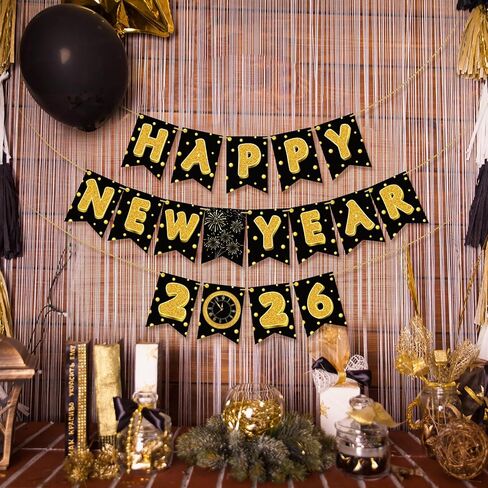 لافتة TaoBary Happy New Year 2026 ديكورات حفلات عشية لوازم الحفلات اللامعة بأحرف ذهبية لامعة وساعة الألعاب النارية لديكور ليلة رأس السنة (نقاط البولكا) in Saudi Arabia