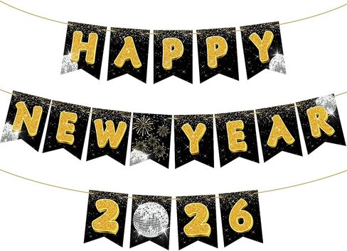 لافتة TaoBary Happy New Year 2026 ديكورات حفلات عشية لوازم الحفلات اللامعة بأحرف ذهبية لامعة وساعة الألعاب النارية لديكور ليلة رأس السنة (نقاط البولكا) in Saudi Arabia