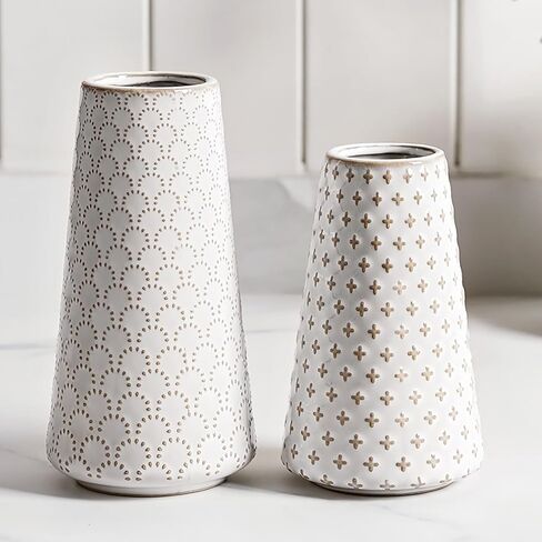 مزهرية بوهو صغيرة للديكور، مزهرية مزرعة ريفية لعشب بامباس، مزهريات زهور سيراميك للقطع المركزية، مزهرية عتيقة مقاس 5.3 بوصة، مجموعة من 4 قطع، أبيض قطبي أبيض in Kuwait