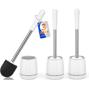 فرشاة المرحاض، فرشاة المرحاض وحامل مع مقبض من الفولاذ المقاوم للصدأ 304، فرشاة وعاء المرحاض موفرة للمساحة للتخزين، فرشاة المرحاض بشعيرات متينة لتنظيف الحمام (1، أبيض) in Kuwait