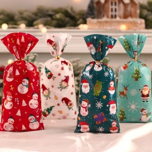 50 Pcs Christmas Cellophane Bags Xmas Santa Cellophane Plastic Treat Favor Bag 4 Styles Christmas Goodie Cookie Bags with 50 Pieces Gold Twist Ties for Xmas Holiday Party Favors in Saudi Arabia