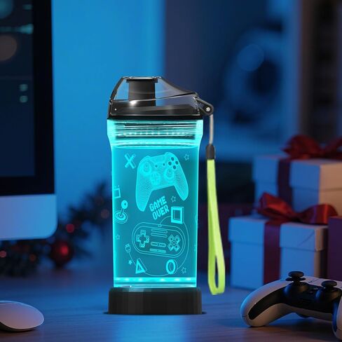 زجاجة مياه للأطفال مع وحدة تحكم ألعاب متوهجة ثلاثية الأبعاد مزودة بإضاءة LED - خالية من تريتان BPA - هدية كوب للسفر للعودة إلى المدرسة والفتاة والطفل ونزهة التخييم - 14 أونصة in Kuwait