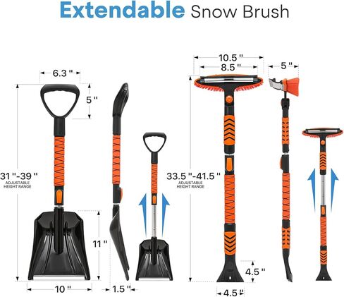 41.5" Extendable Ice Scraper and Brush for Car Windshield, 4 in 1 Snow Shovel Snow Brush Scraper Kit with Foam Grip and 180° Pivoting Brush Head, for Cars, Trucks, SUVs, Vehicle in Saudi Arabia