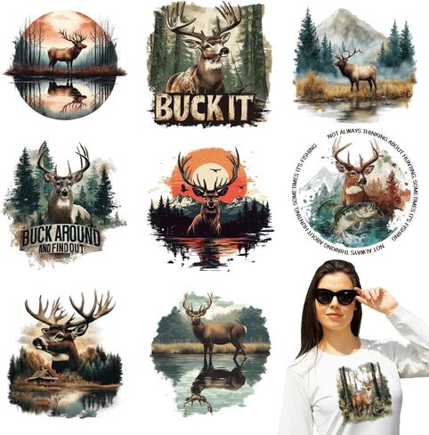 arricraft 9 Sheets Deer Theme Iron on Stickers, Realistic Style Deer in Forest Print Transfer Stickers Decals for DIY T-Shirt Jeans Backpacks Families Clothing Hat Decoration Applique in Kuwait