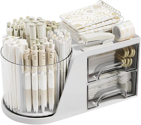 Desk Organizer with Rotating Pencil Pen Holder and 2 Small Drawers, Desk Caddy for Office Workspace Organization and Storage (White) in Saudi Arabia