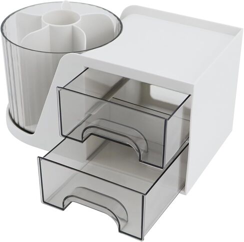 Desk Organizer with Rotating Pencil Pen Holder and 2 Small Drawers, Desk Caddy for Office Workspace Organization and Storage (White) in Saudi Arabia